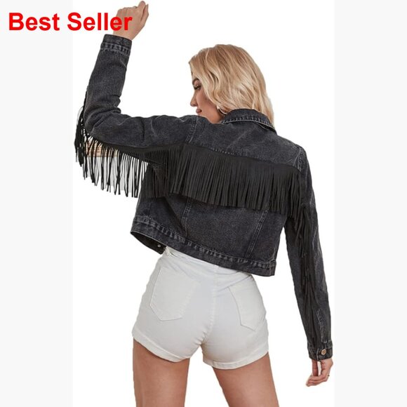 Cropped Denim Jacket with Distressed Fringe Long Sleeve